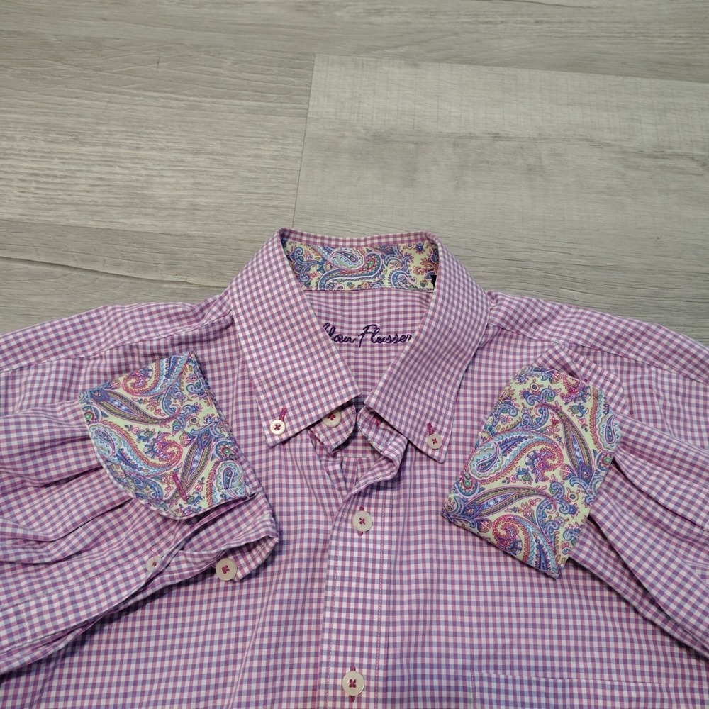 Alan Flusser Button‎ Up Shirt Pink Gingham Check Flip Cuff Paisley Medium